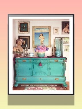 Turquoise Vintage Dresser Art Print with Pink Floral Accent